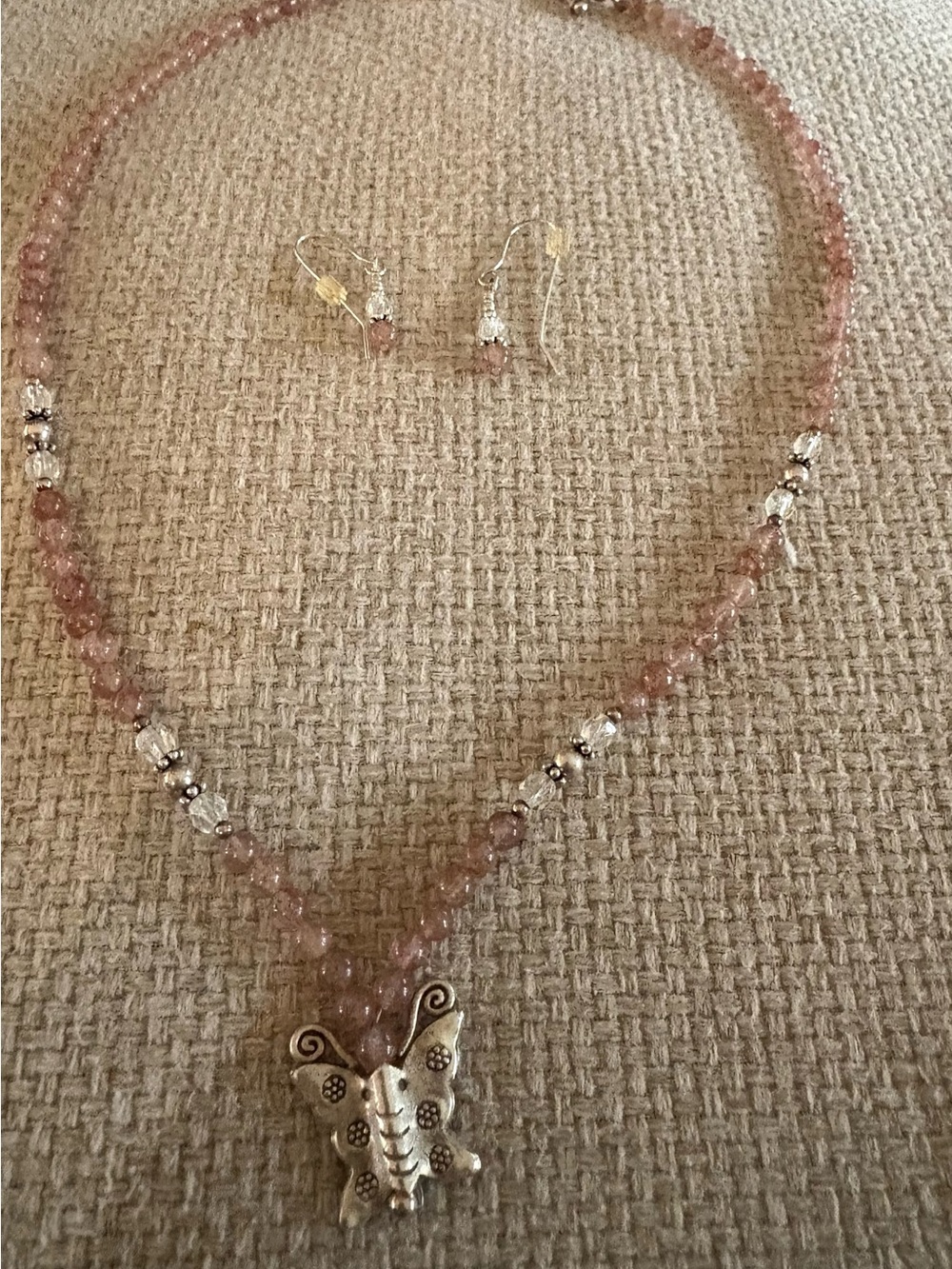 Pink Beaded Necklace with Butterfly Pendant and Matching Earrings